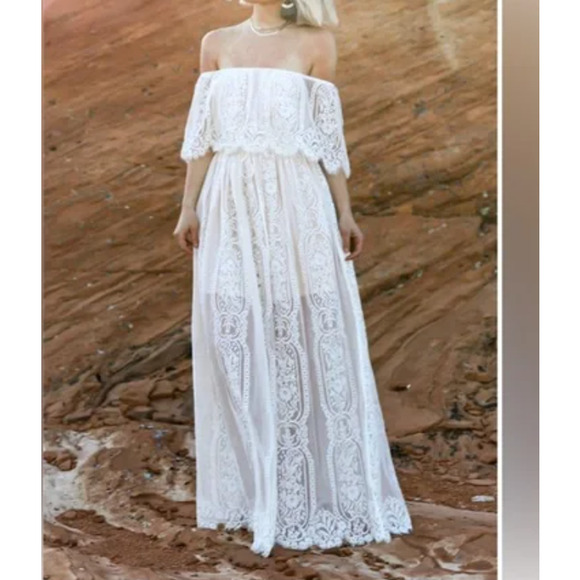 Baltic Born Lace Maxi Off the Shoulder White Cream Dress Small - Picture 3 of 10